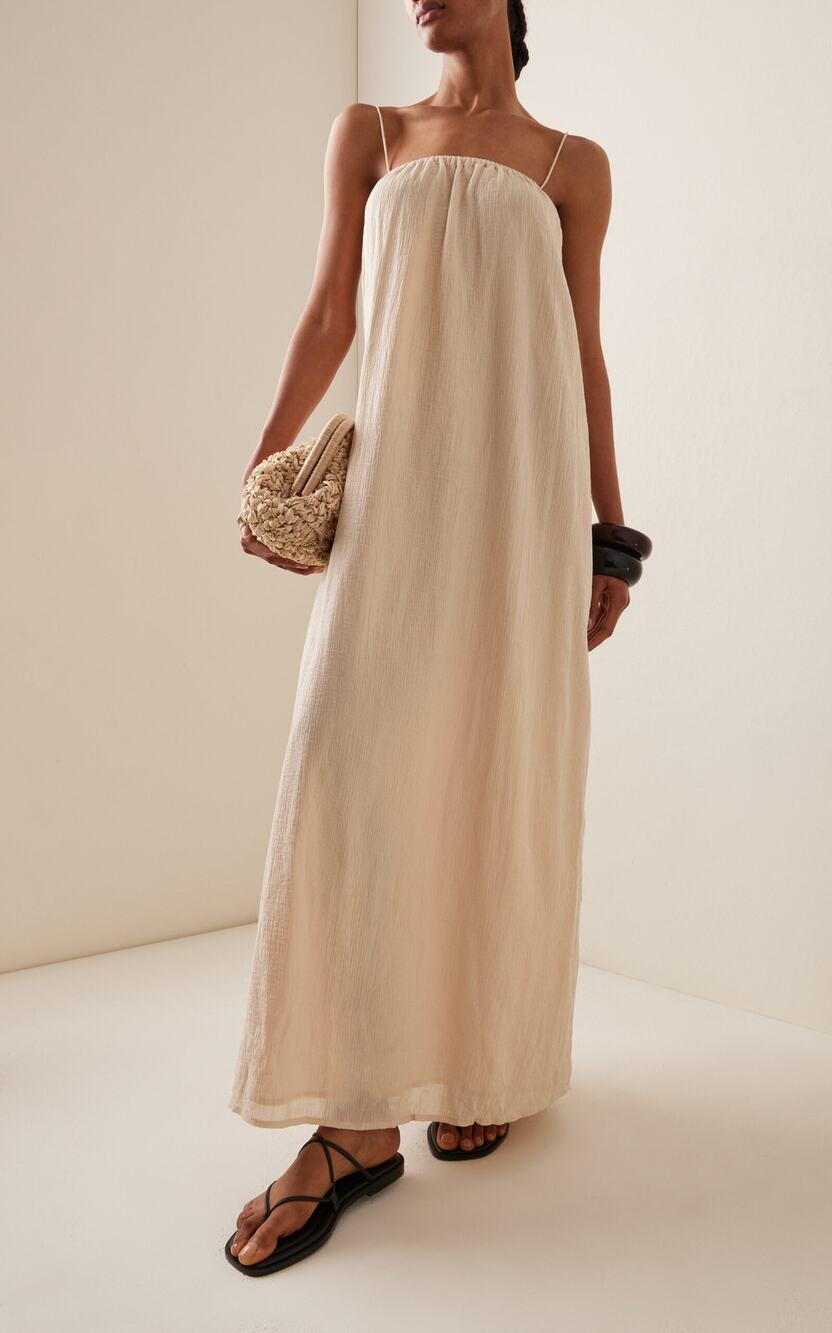 NWT Women's Size S Onia Crinkle Gauze Maxi Dress in Sandshell Tan Summer Light